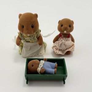 Vintage Sylvanian Families Calico Critters Beaver Family Set of 3 Plus Cradle
